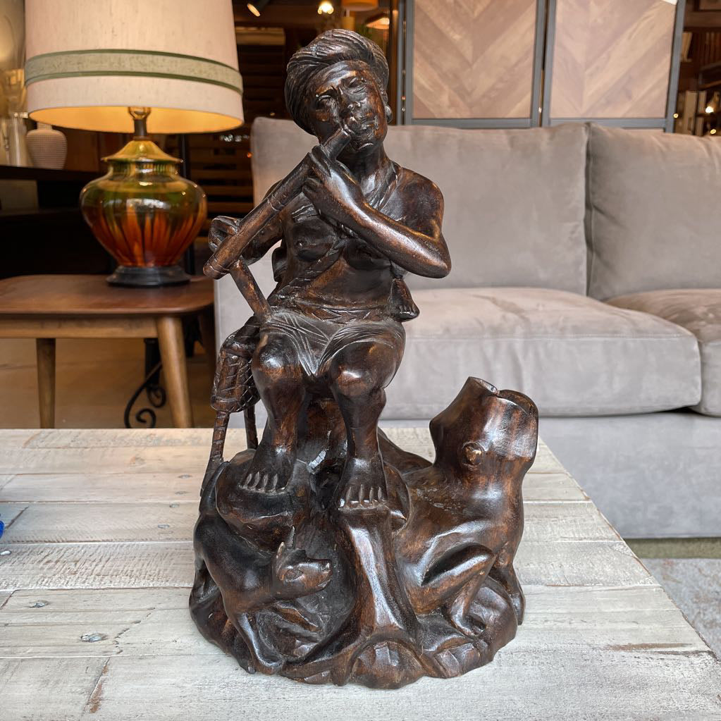 Carved Wood Statue of Woman Flautist with Child & Dog Statue
