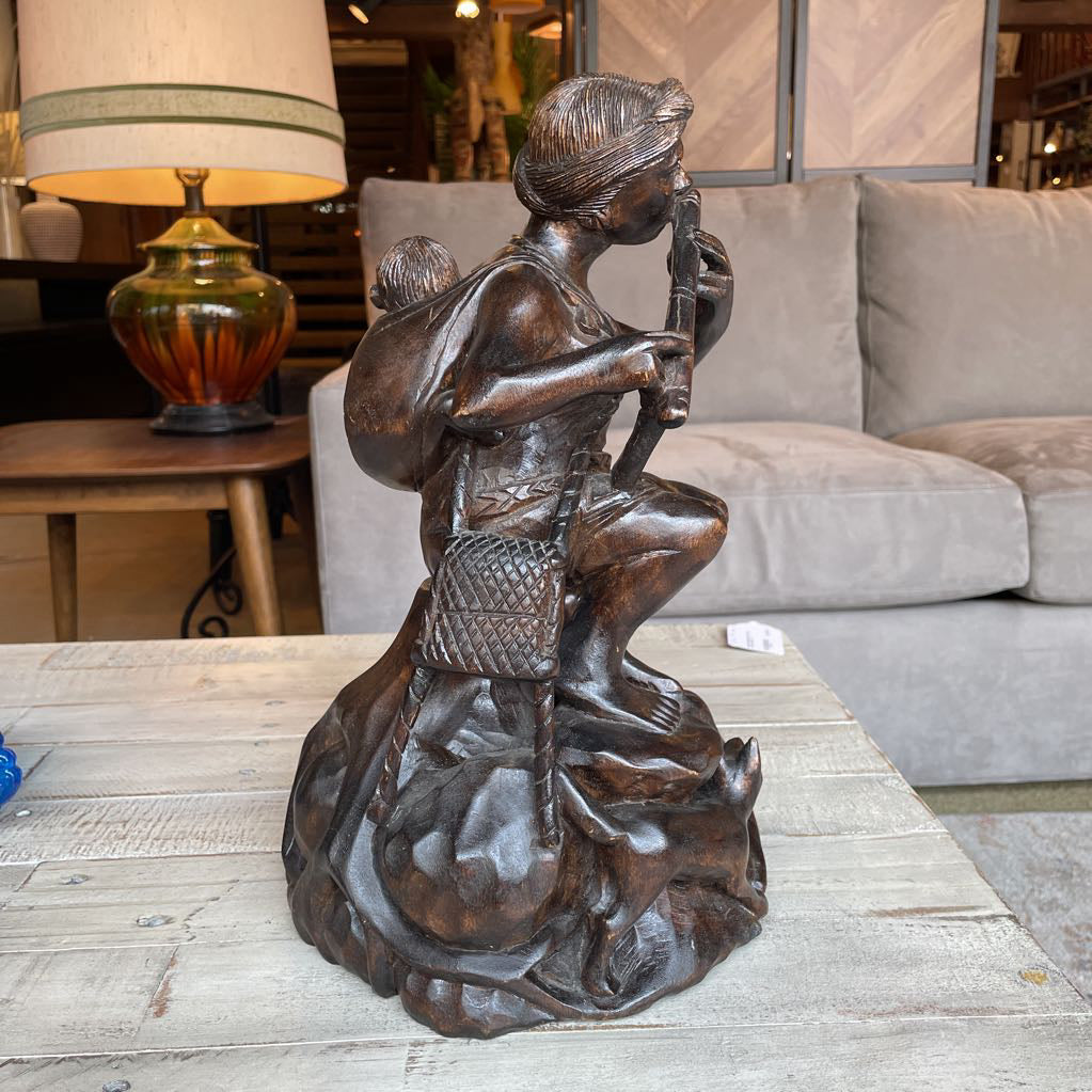 Carved Wood Statue of Woman Flautist with Child & Dog Statue
