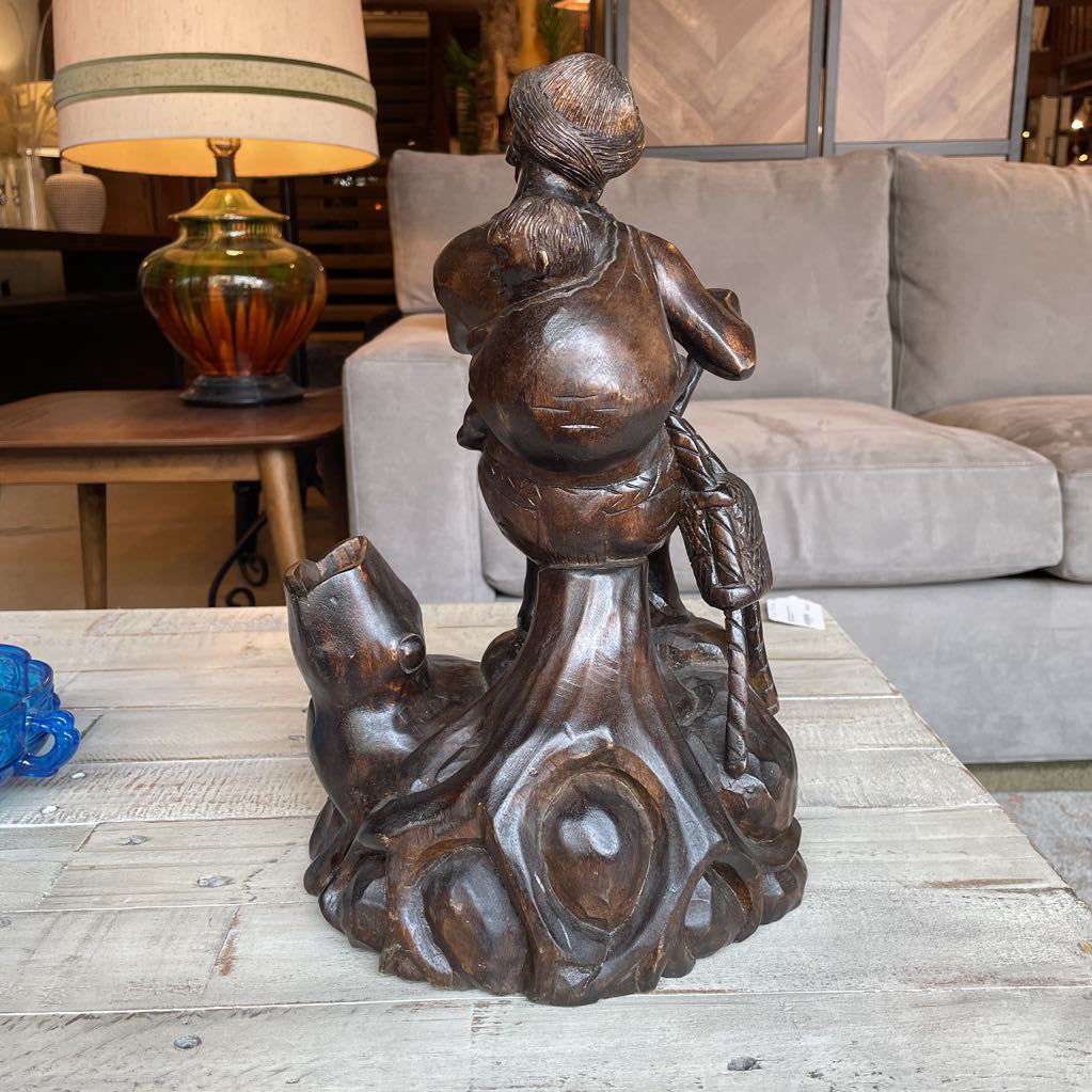 Carved Wood Statue of Woman Flautist with Child & Dog Statue
