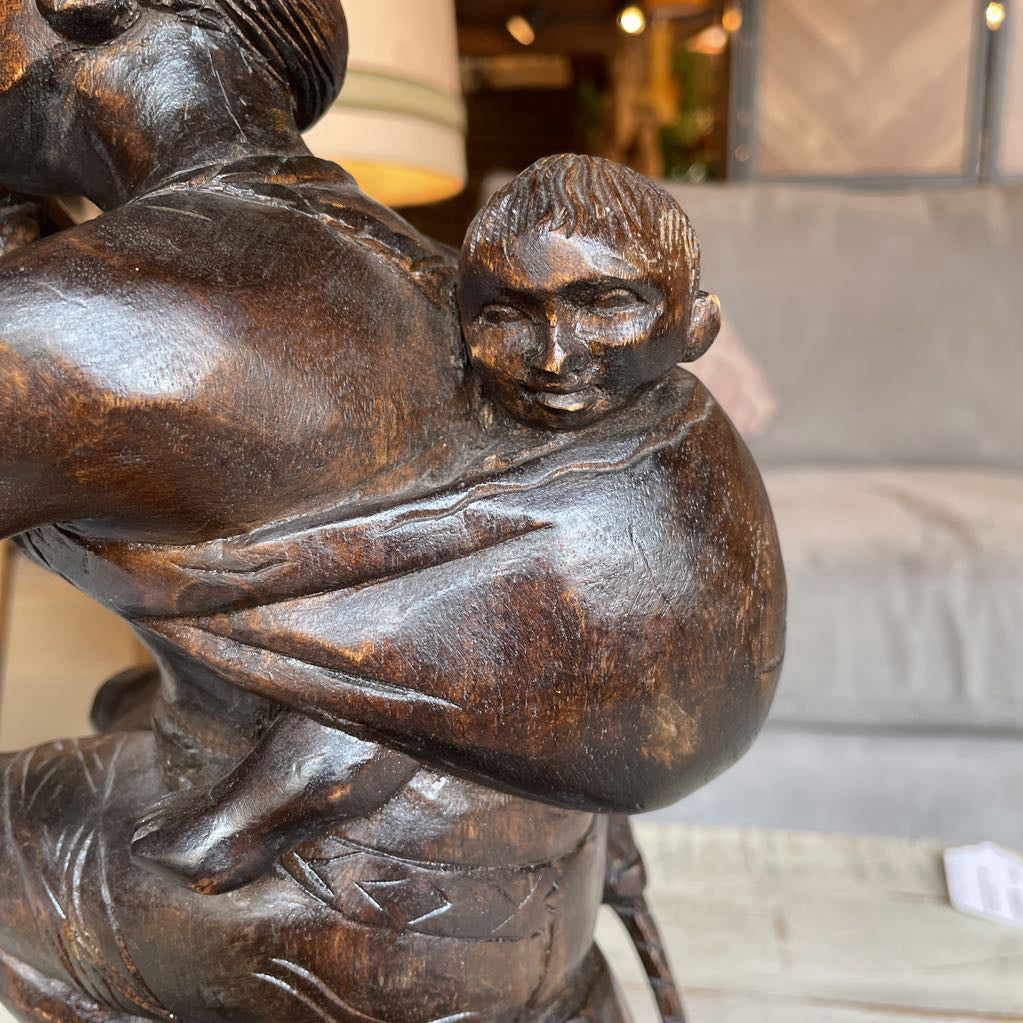 Carved Wood Statue of Woman Flautist with Child & Dog Statue
