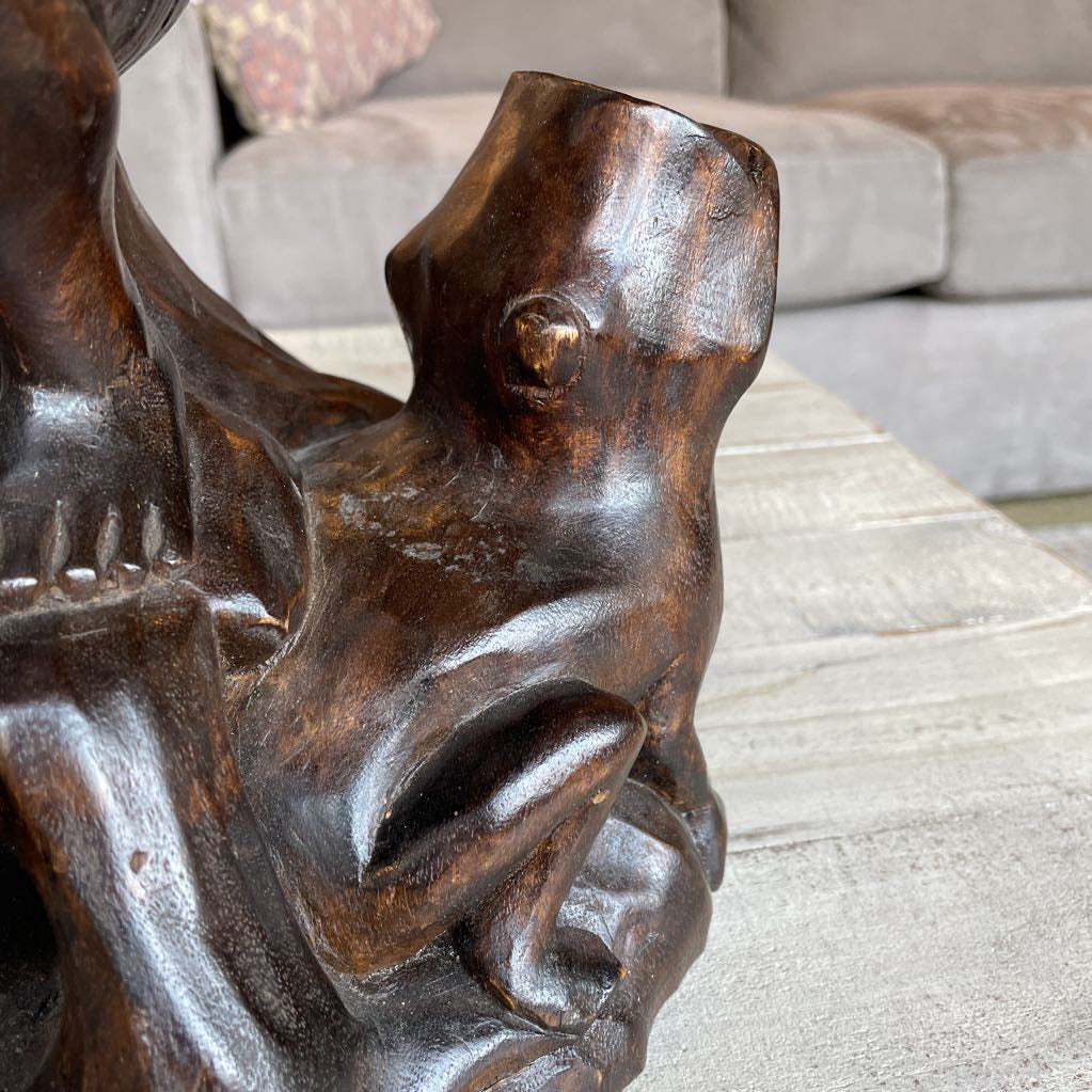 Carved Wood Statue of Woman Flautist with Child & Dog Statue