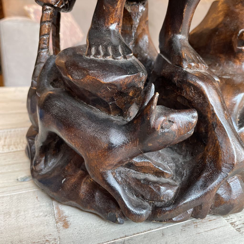 Carved Wood Statue of Woman Flautist with Child & Dog Statue