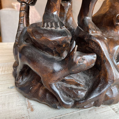 Carved Wood Statue of Woman Flautist with Child & Dog Statue