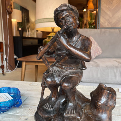 Carved Wood Statue of Woman Flautist with Child & Dog Statue