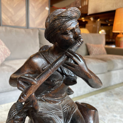 Carved Wood Statue of Woman Flautist with Child & Dog Statue