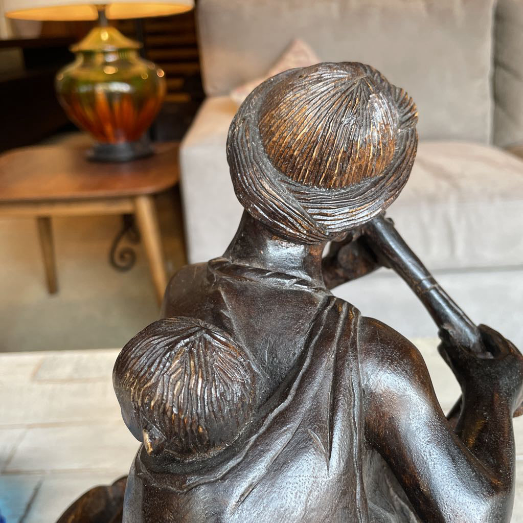 Carved Wood Statue of Woman Flautist with Child & Dog Statue