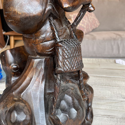 Carved Wood Statue of Woman Flautist with Child & Dog Statue