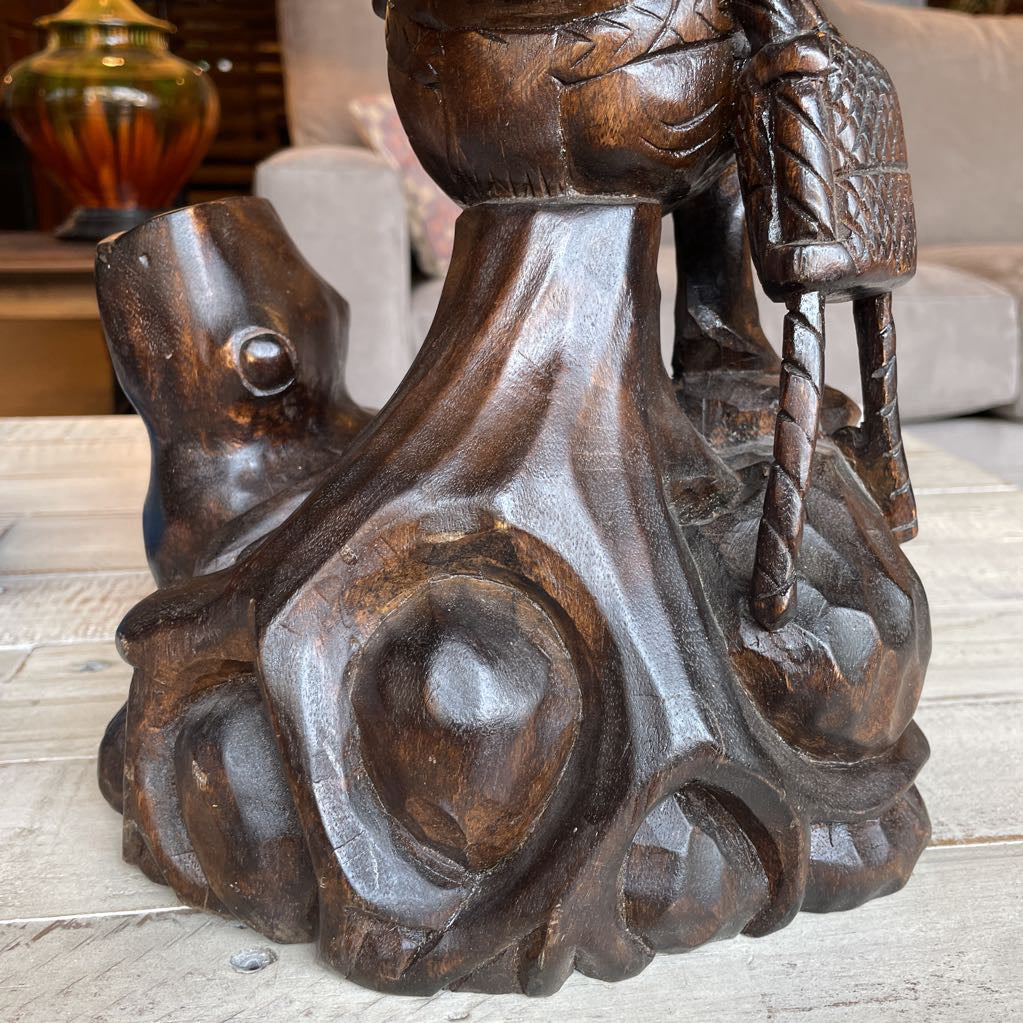 Carved Wood Statue of Woman Flautist with Child & Dog Statue