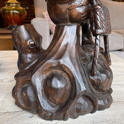 Carved Wood Statue of Woman Flautist with Child & Dog Statue