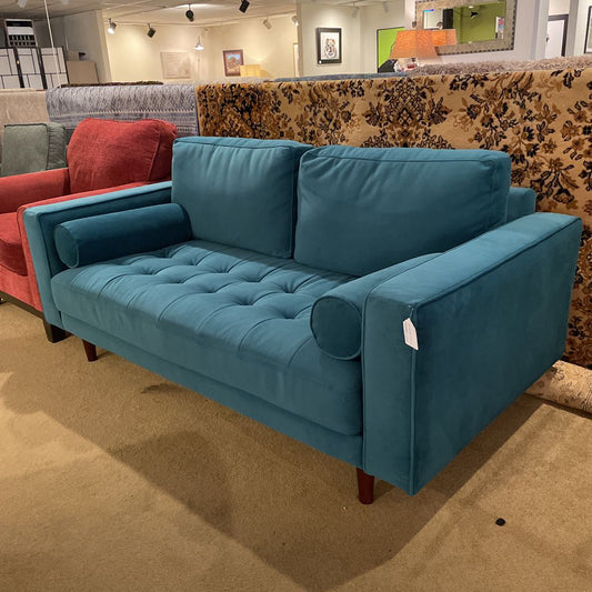 Teal Velvet Tufted Seat Sofa with Bolster Pillows U SOFAS