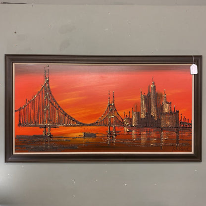 Kitchy 70's Large Bridge Painting ART