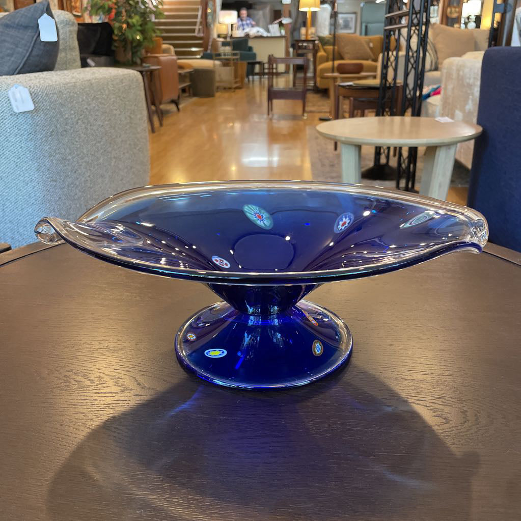 Blue Glass Pedestal Bowl with "Millefiori" Inclusions