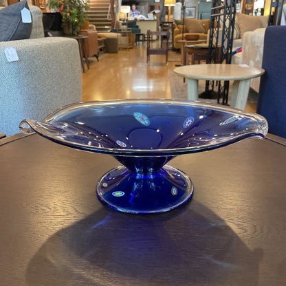 Blue Glass Pedestal Bowl with "Millefiori" Inclusions
