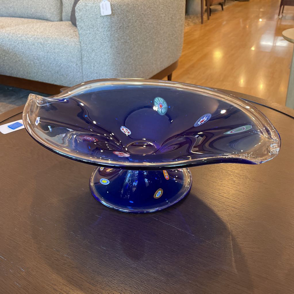 Blue Glass Pedestal Bowl with "Millefiori" Inclusions