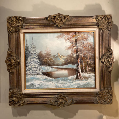 Winter Pondscape Painting in Ornate Frame