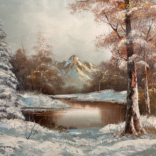 Winter Pondscape Painting in Ornate Frame ART