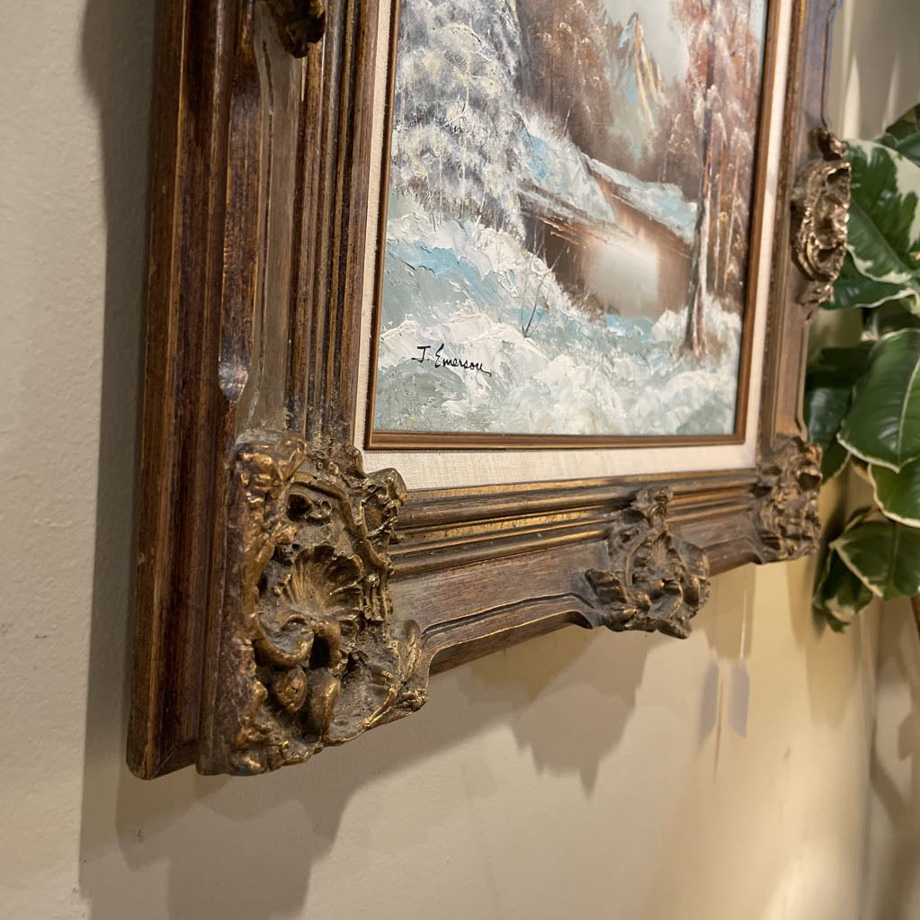 Winter Pondscape Painting in Ornate Frame