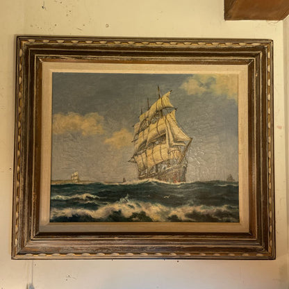 Sailing Ship Painting in Rustic Frame