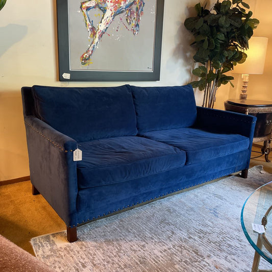 Crate and Barrel Blue Studded Down Velvet Two Seat Sofa U SOFAS