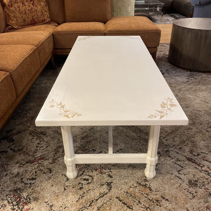 White Wood Coffee Table w/ Corner Plant Accents C COFFEE TABLES