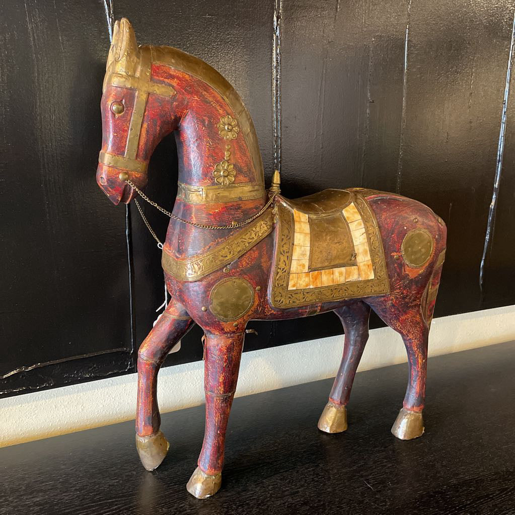 Wood & Brass Armored Horse Statue