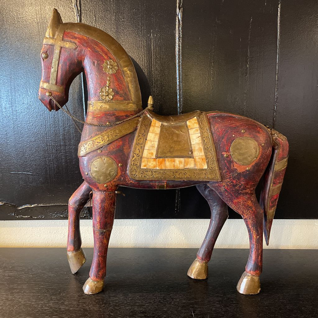 Wood & Brass Armored Horse Statue