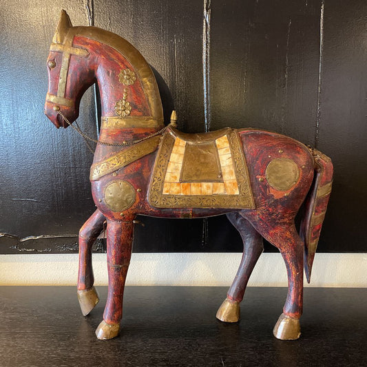 Wood & Brass Armored Horse Statue