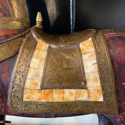 Wood & Brass Armored Horse Statue