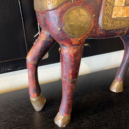 Wood & Brass Armored Horse Statue