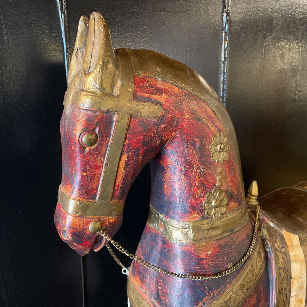Wood & Brass Armored Horse Statue