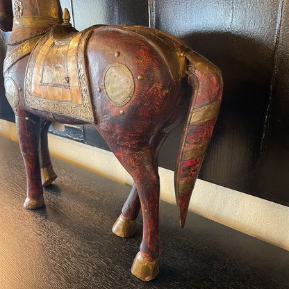 Wood & Brass Armored Horse Statue