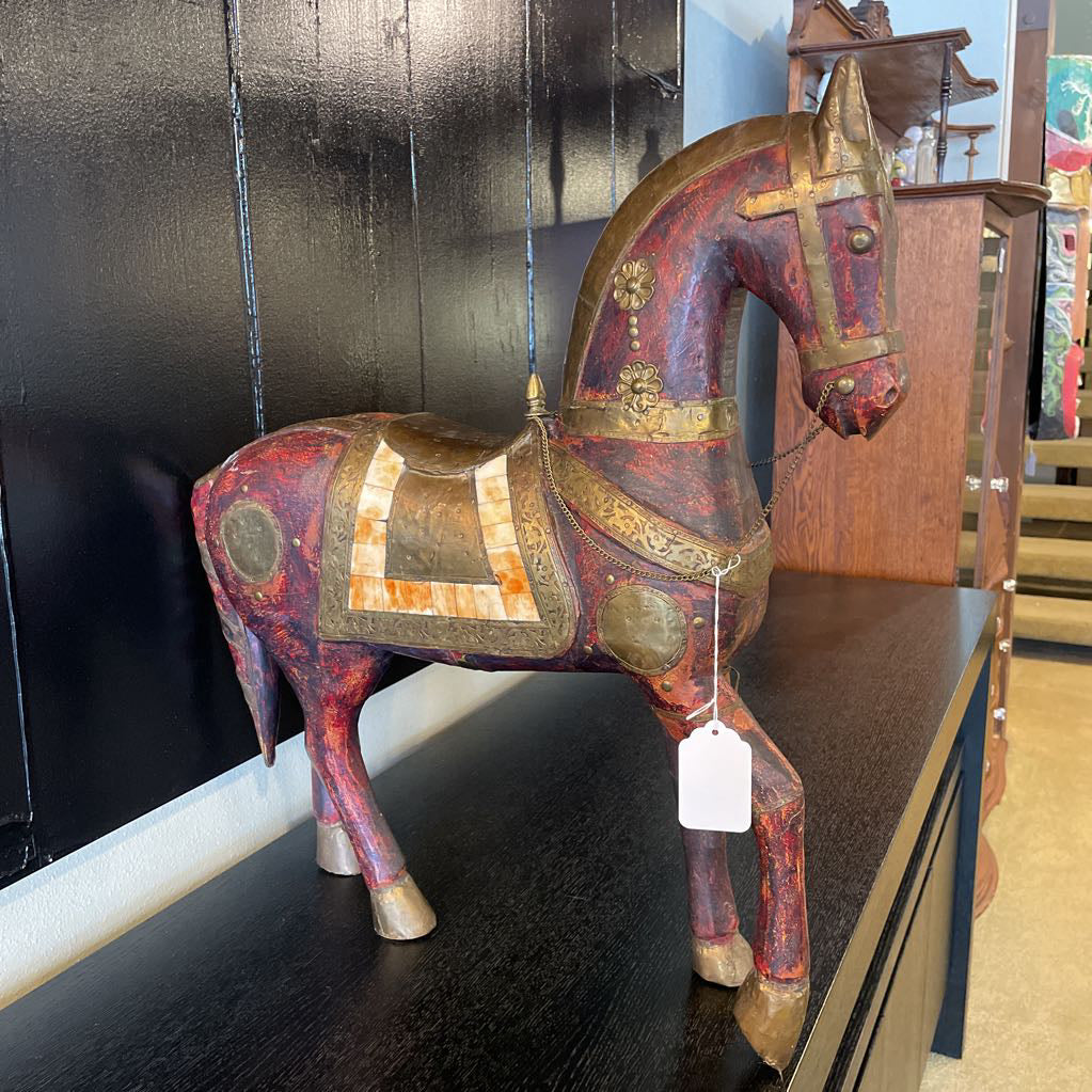 Wood & Brass Armored Horse Statue