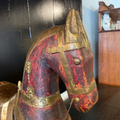 Wood & Brass Armored Horse Statue