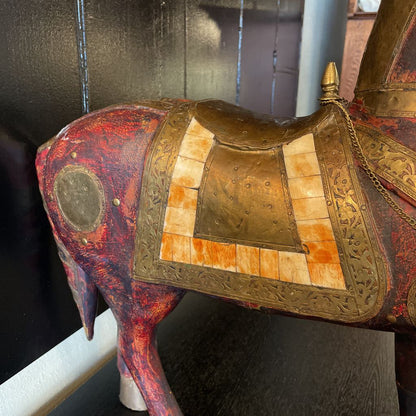 Wood & Brass Armored Horse Statue