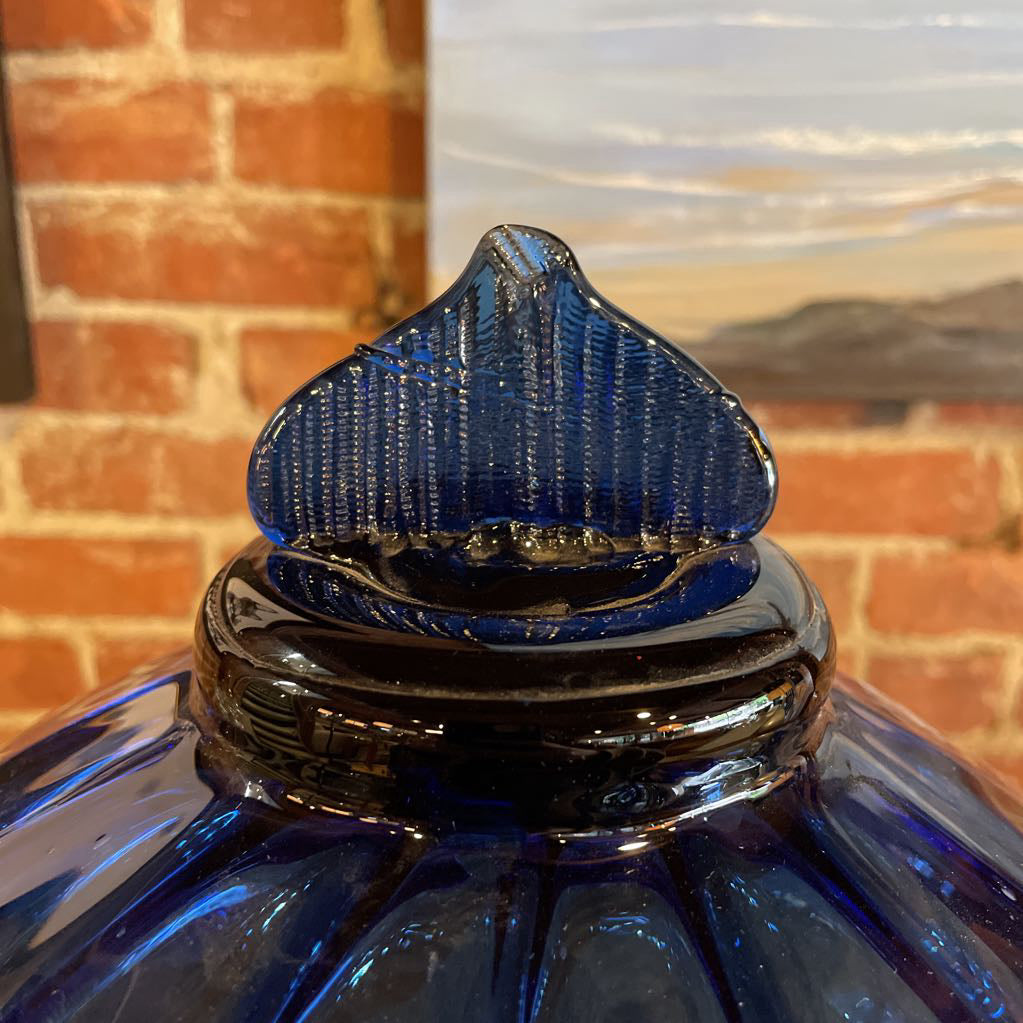Round Deep Blue Bowl & Lid with Flat Grooved Finial