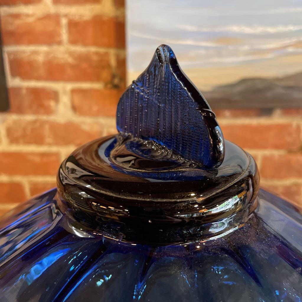 Round Deep Blue Bowl & Lid with Flat Grooved Finial