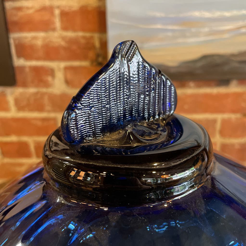 Round Deep Blue Bowl & Lid with Flat Grooved Finial