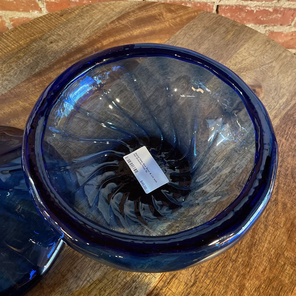 Round Deep Blue Bowl & Lid with Flat Grooved Finial