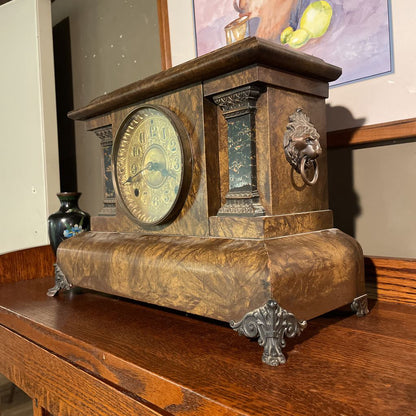Burled Wood and Brass Mantel Clock--Works UNIQUE FINDS