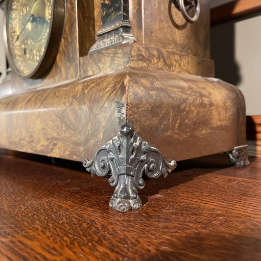 Burled Wood and Brass Mantel Clock--Works UNIQUE FINDS