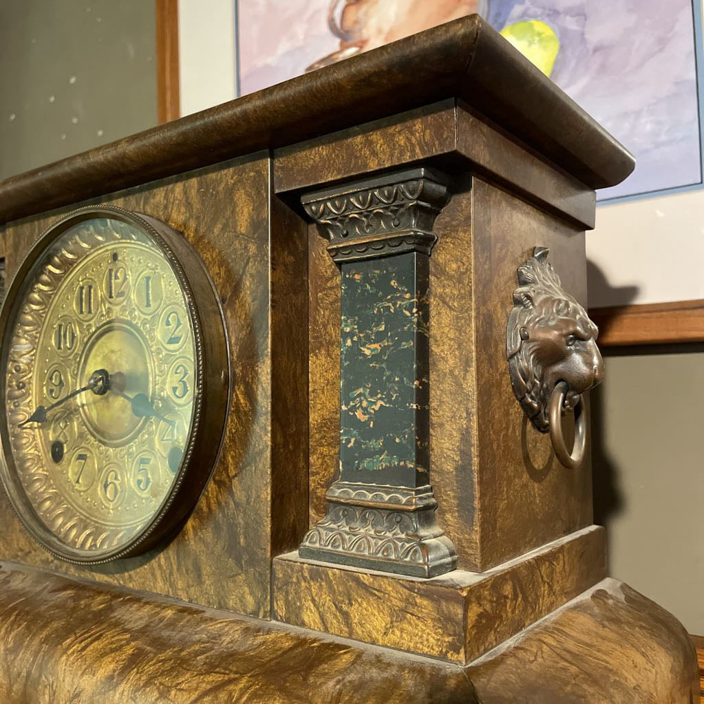 Burled Wood and Brass Mantel Clock--Works UNIQUE FINDS