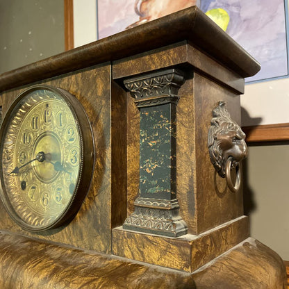 Burled Wood and Brass Mantel Clock--Works UNIQUE FINDS