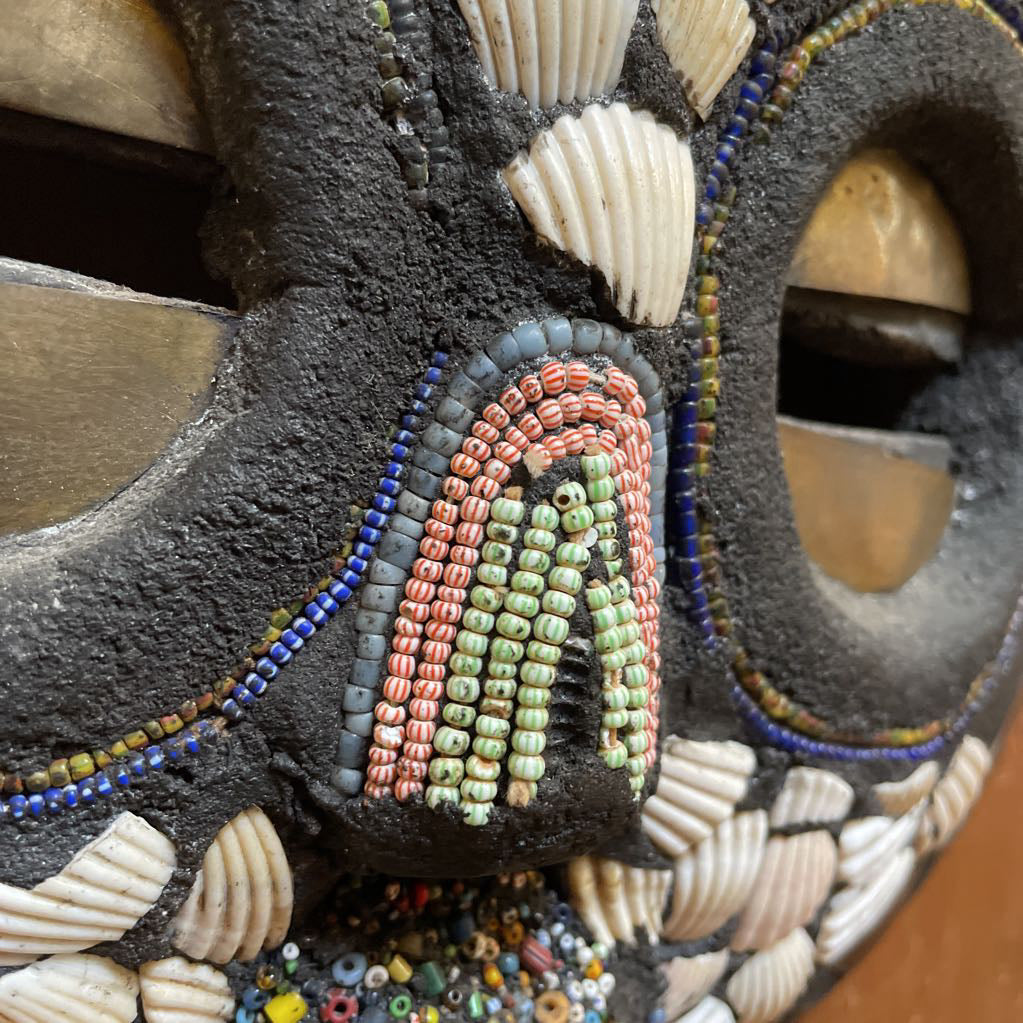 Round Carved Mask with Shells & Beads/Ghana
