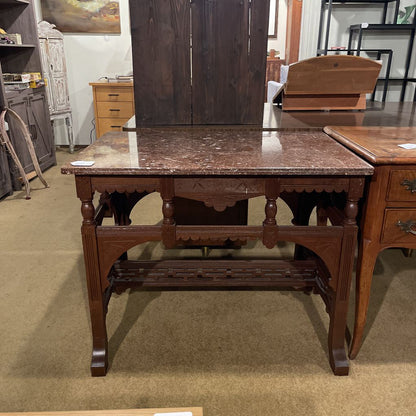 Carved Wooden Base Entry Table w/ Stone Top C SIDE TABLES