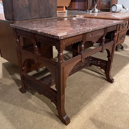 Carved Wooden Base Entry Table w/ Stone Top C SIDE TABLES