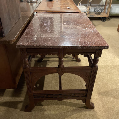 Carved Wooden Base Entry Table w/ Stone Top C SIDE TABLES