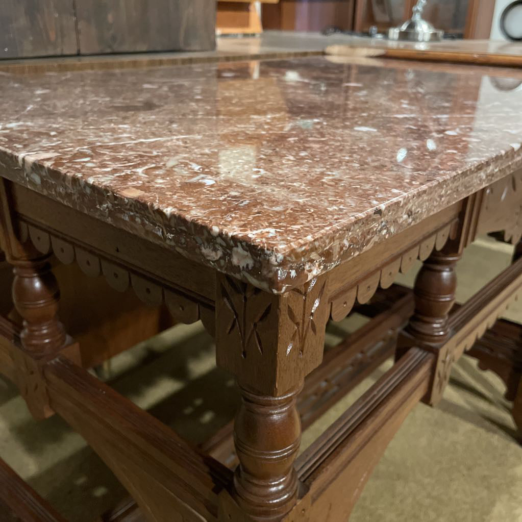 Carved Wooden Base Entry Table w/ Stone Top C SIDE TABLES