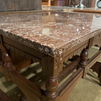 Carved Wooden Base Entry Table w/ Stone Top C SIDE TABLES