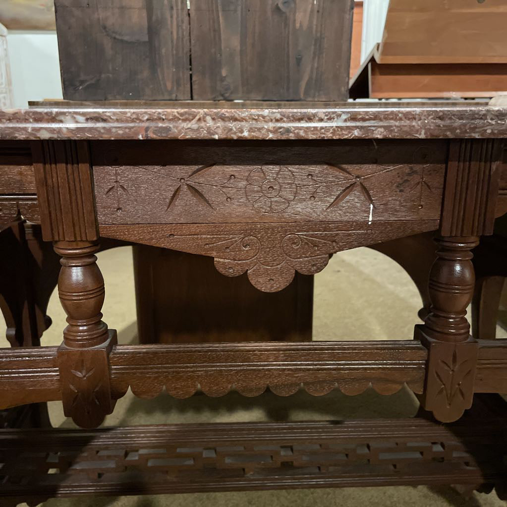 Carved Wooden Base Entry Table w/ Stone Top C SIDE TABLES