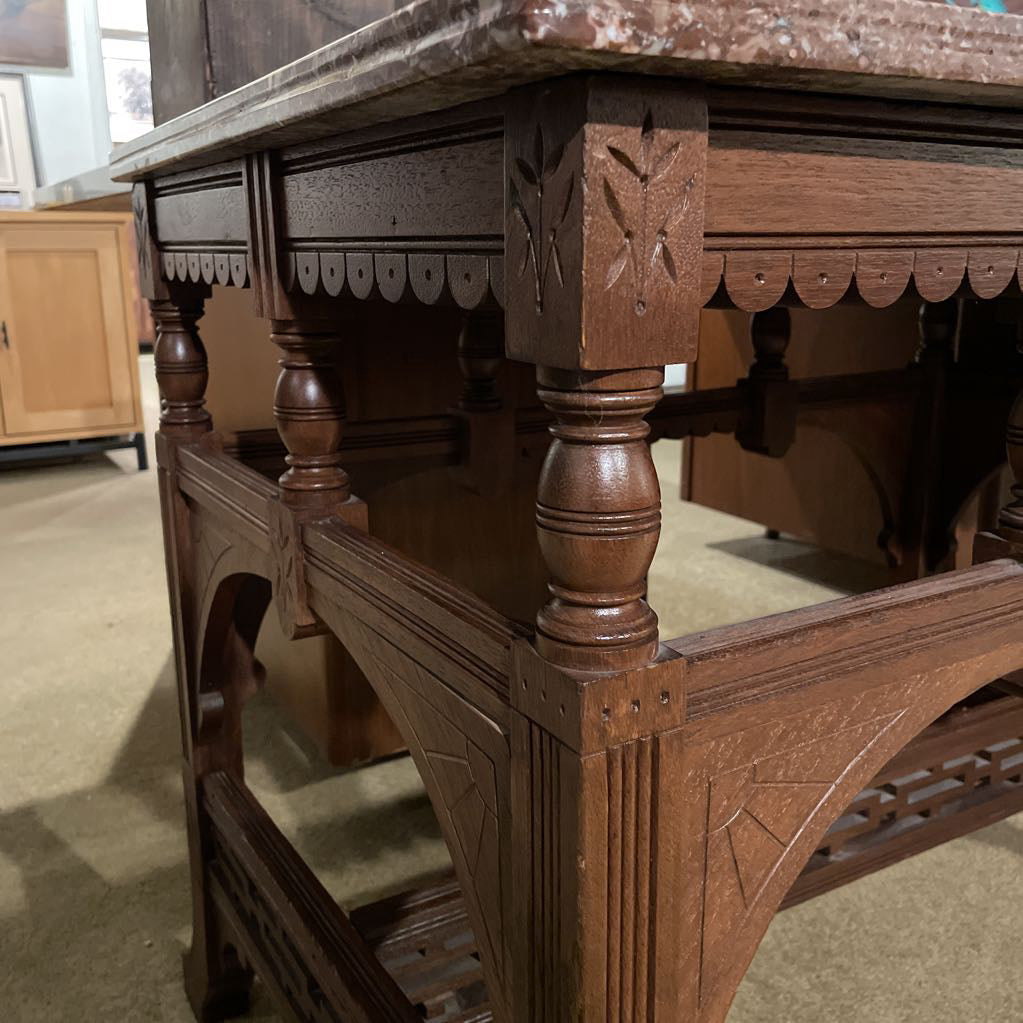 Carved Wooden Base Entry Table w/ Stone Top C SIDE TABLES